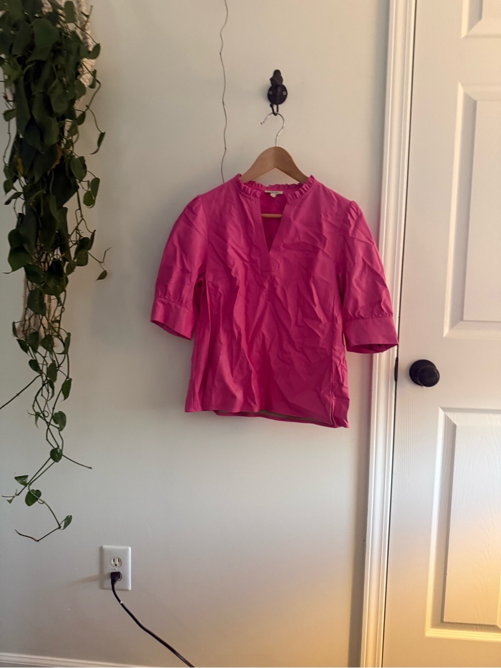 Tyler Boe Hot Pink Ruffle-Trim Split-Neck Blouse